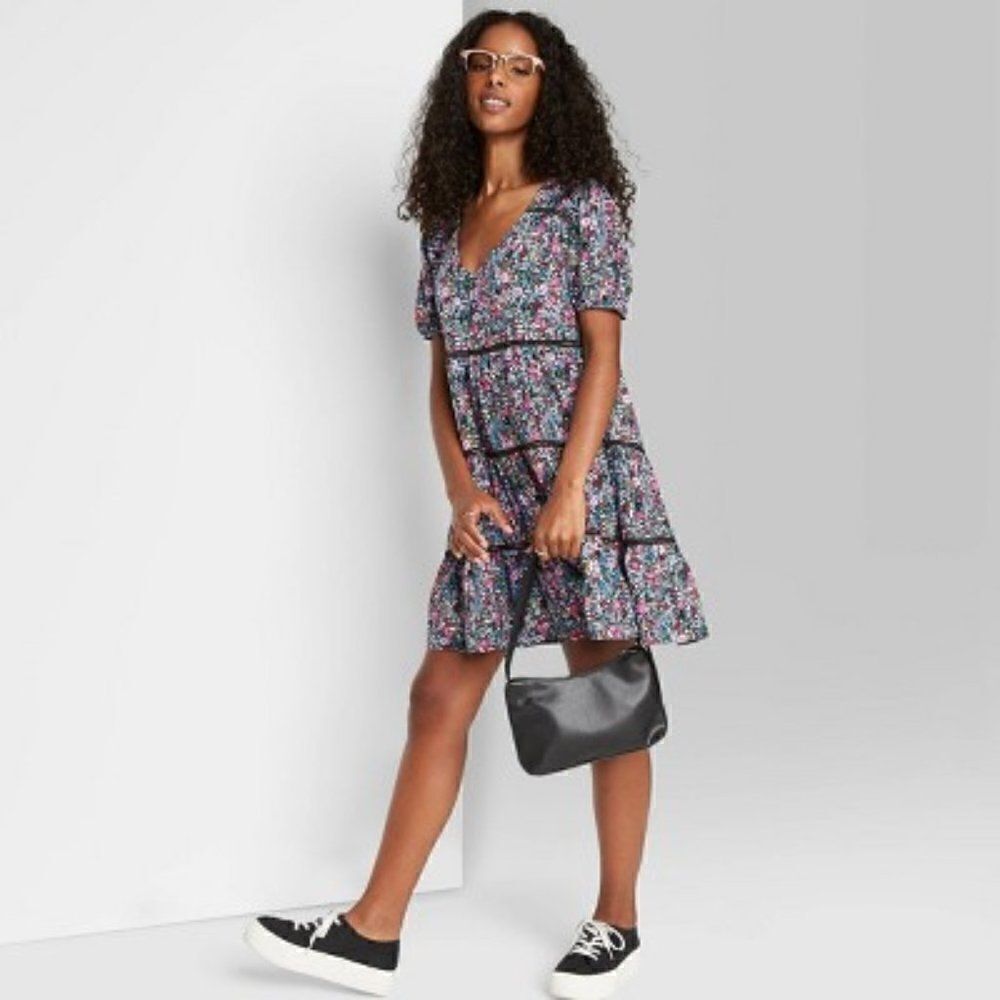 ‎Women's Floral Print Short Sleeve Tiered Babydoll
